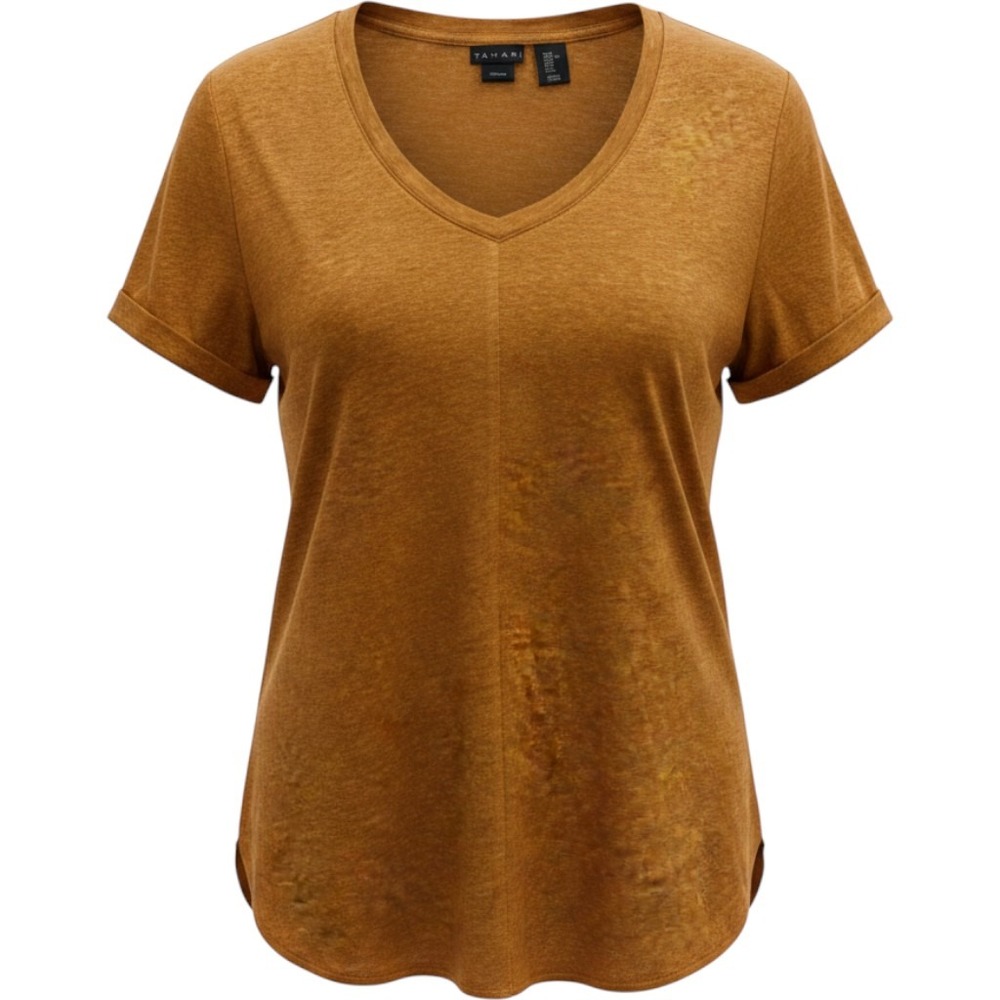 Tahari Womens XL Cognac Brown 100% Linen V-Neck Short Sleeve Tee Top RN 75343
